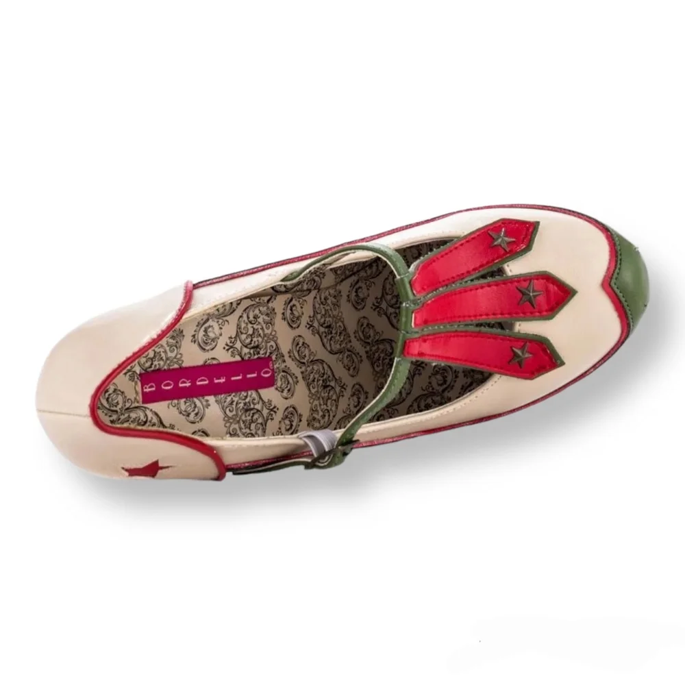 Pleaser Bordello TEEZE-43, cream, red, green, concealed platform, military theme - Picture 8 of 10